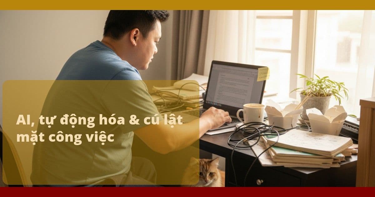 Một người đàn ông Việt ngoài ba mươi, ngồi ở bàn làm việc lộn xộn với laptop, chén đĩa, dây sạc, ly cà phê nguội và một con mèo già lấp ló dưới gầm bàn.