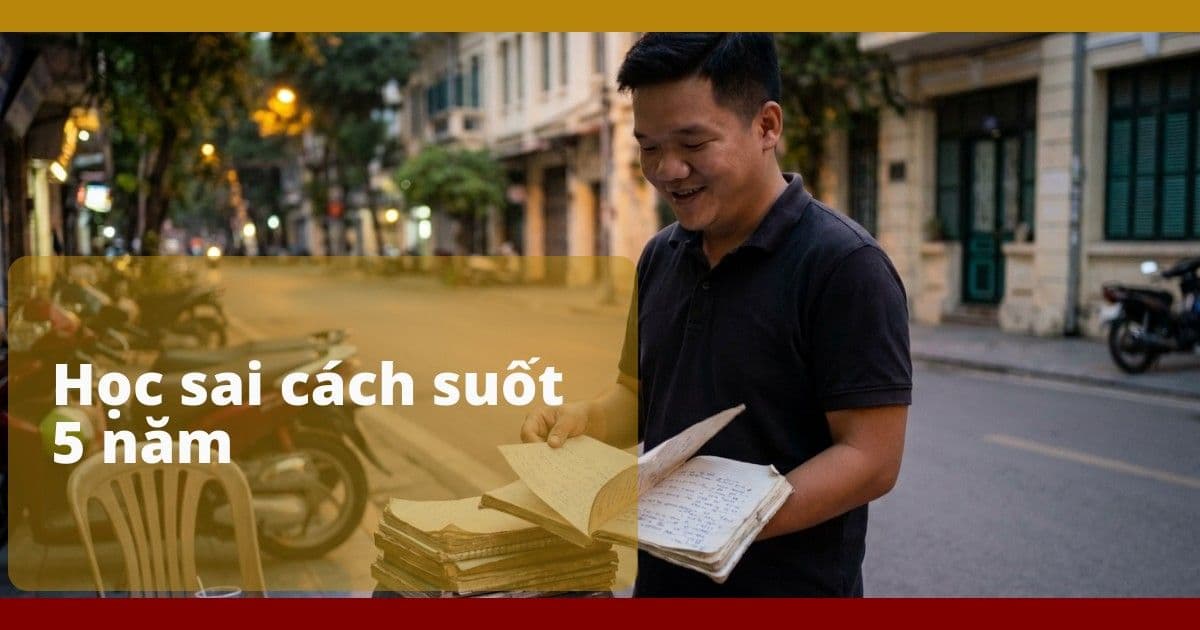 Một người đàn ông Việt ngoài 30 ngồi một mình ở góc phòng khách, tay cầm sổ ghi chú, ánh sáng ấm áp.