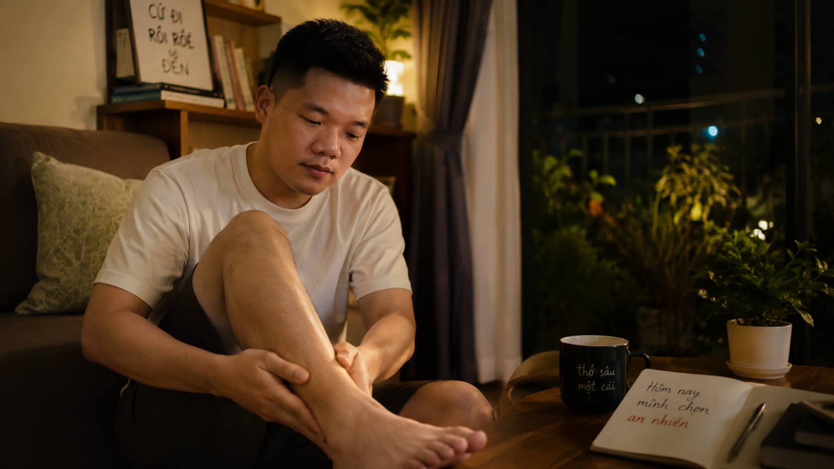 Một bàn gỗ nhỏ với ly nước nguội và bàn tay đặt cạnh chân, gợi cảm giác tự xoa dịu sau va chạm.