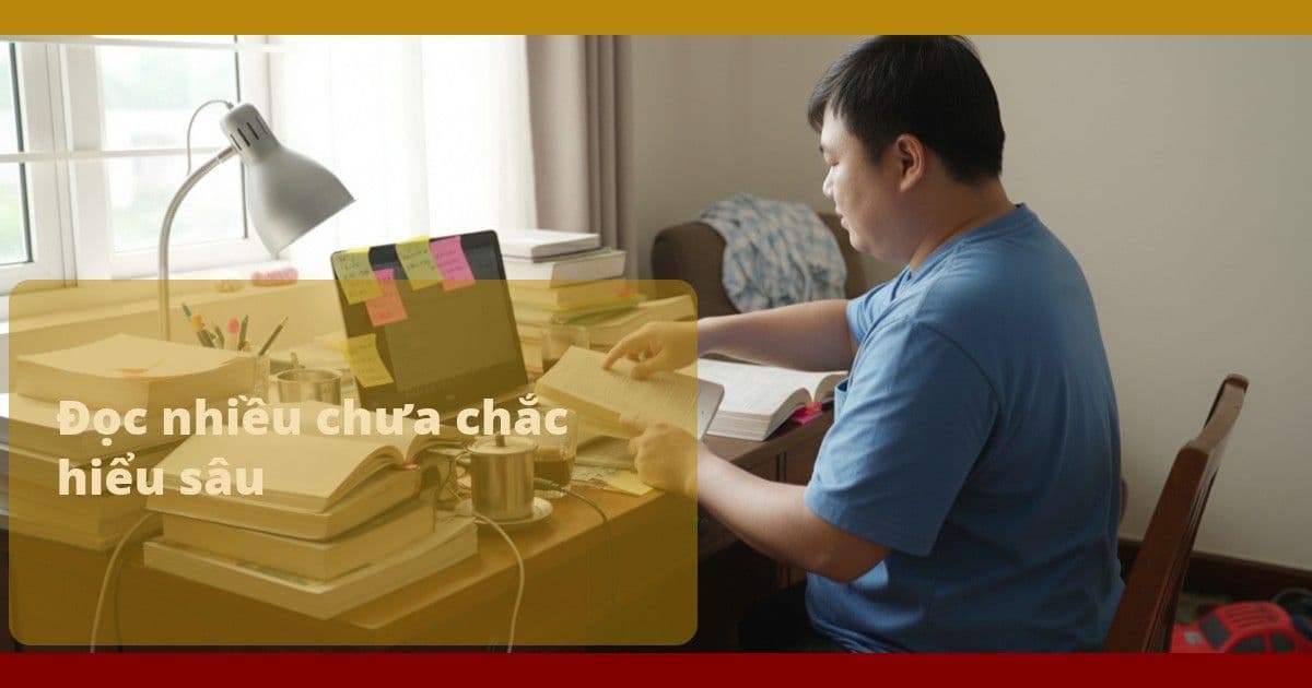 Người đàn ông ngoài 30 tuổi, dáng hơi tròn, ngồi bên bàn làm việc ngổn ngang sách vở, laptop dán note, cốc cà phê phin vơi, phía sau có đồ ngủ nhàu và đồ chơi trẻ em.