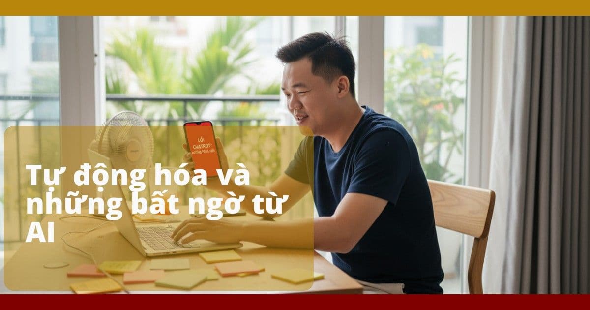 Một người đàn ông Việt đầu ba mươi ngồi trước laptop, nhìn vào điện thoại với thông báo lỗi đỏ hiện ra, bàn làm việc gọn gàng đầy ánh sáng, quạt nhỏ và ly trà đá bên cạnh.