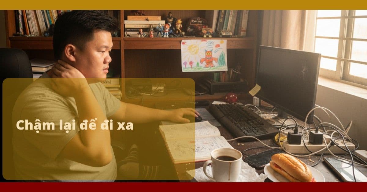 Bàn làm việc bừa bộn với cốc cà phê nguội, bánh mì dở, giấy vẽ của con và người dùng ngồi lặng lẽ nhìn màn hình giữa ánh sáng sớm