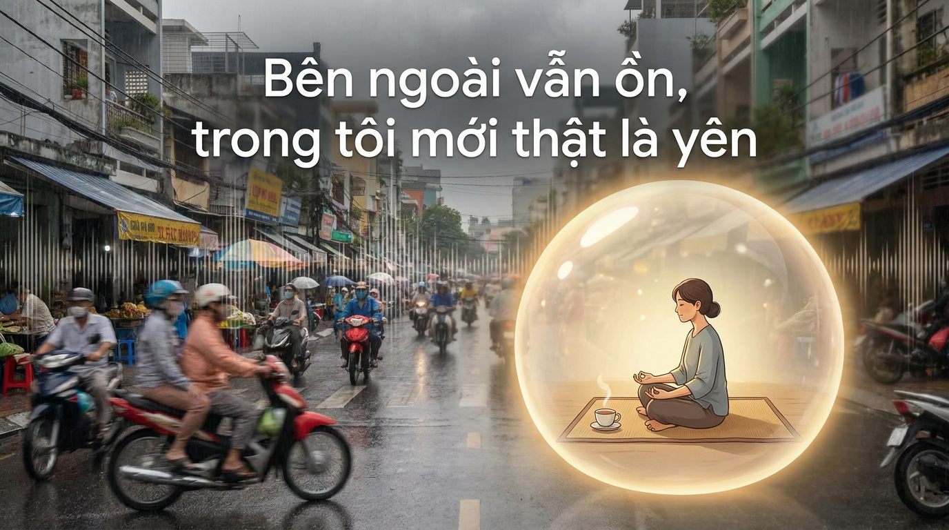 Căn phòng nhỏ, ánh sáng trưa chiếu trên bàn gỗ, một người đàn ông Việt Nam trung niên ngồi yên lặng trước cốc nước lọc, không gian ấm và yên tĩnh.