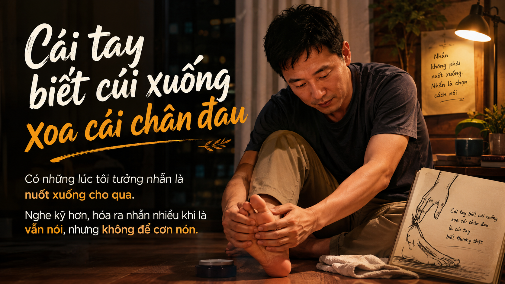 Một bàn tay đang xoa nhẹ cổ chân bên cạnh góc bàn gỗ, ánh đèn tối ấm và màn hình còn sáng.