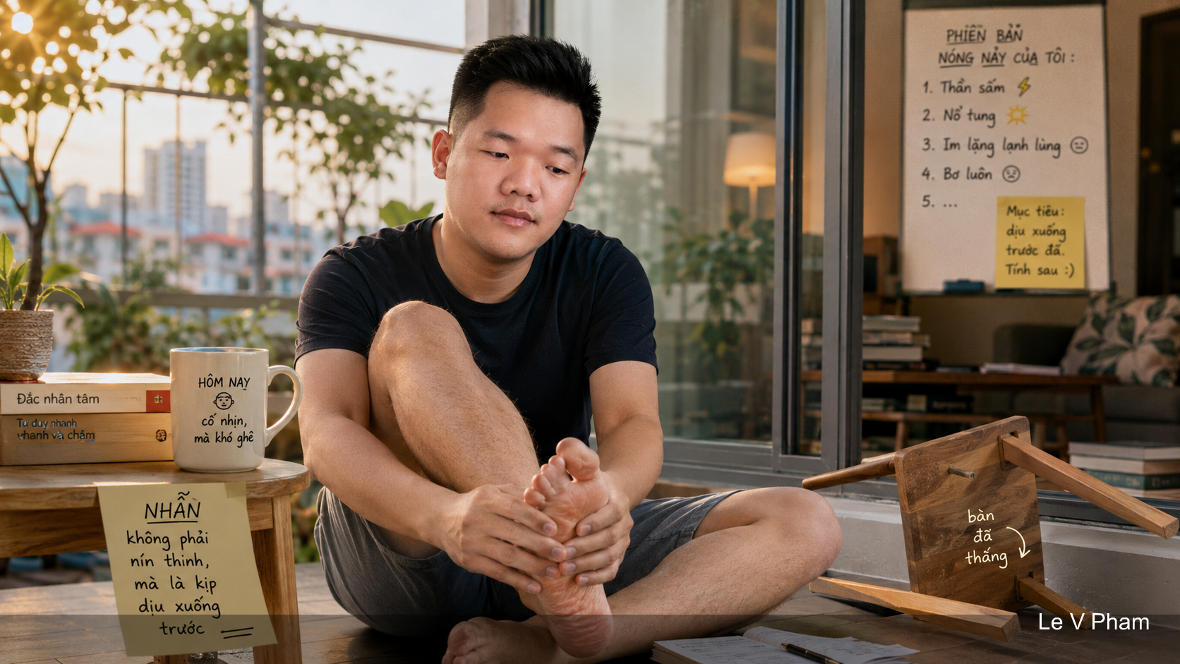 Người đàn ông Việt ngồi cạnh chiếc bàn buổi tối, tay chạm nhẹ vào chân đau, ánh đèn ấm và ly nước nguội bên cạnh.