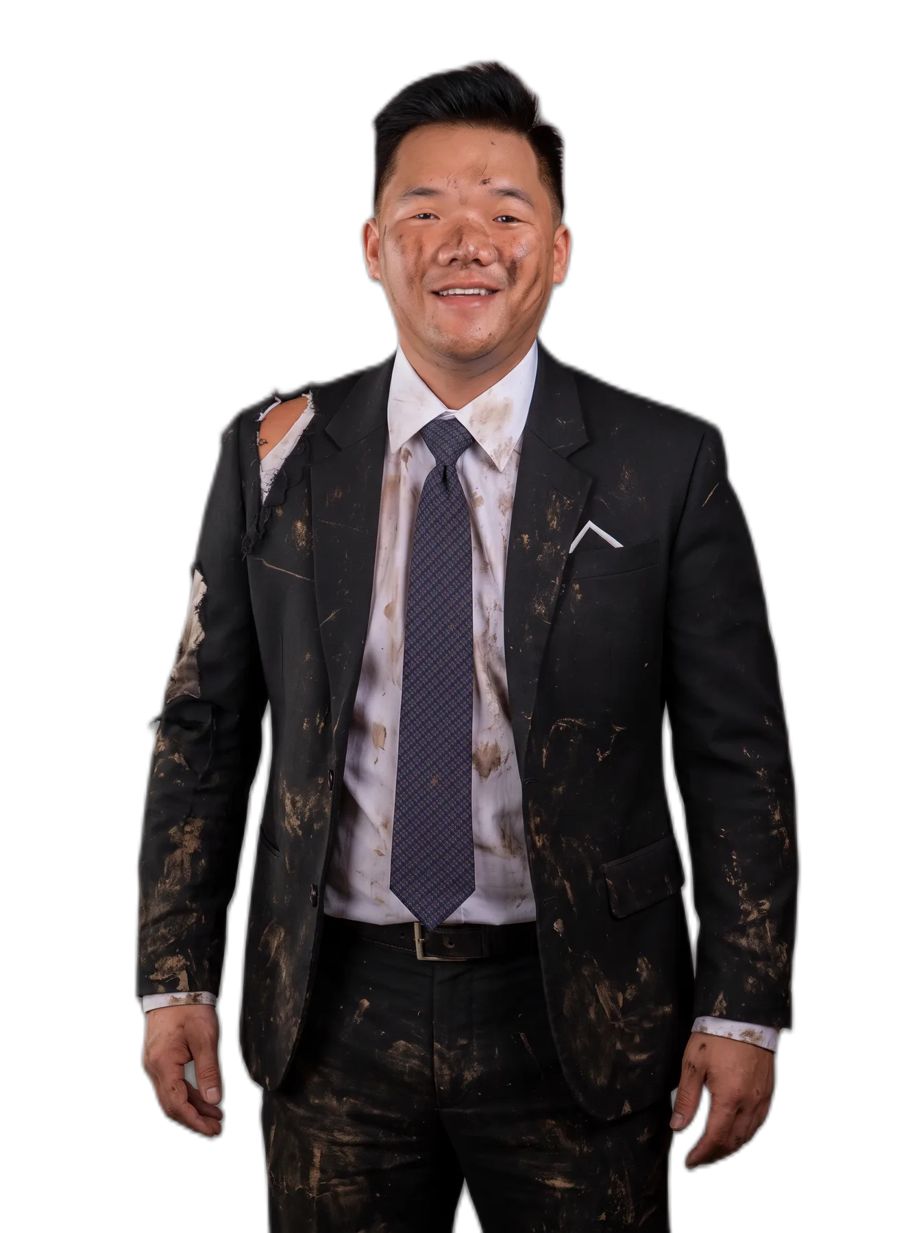 Le Pham in a mud-splattered, torn suit, grinning